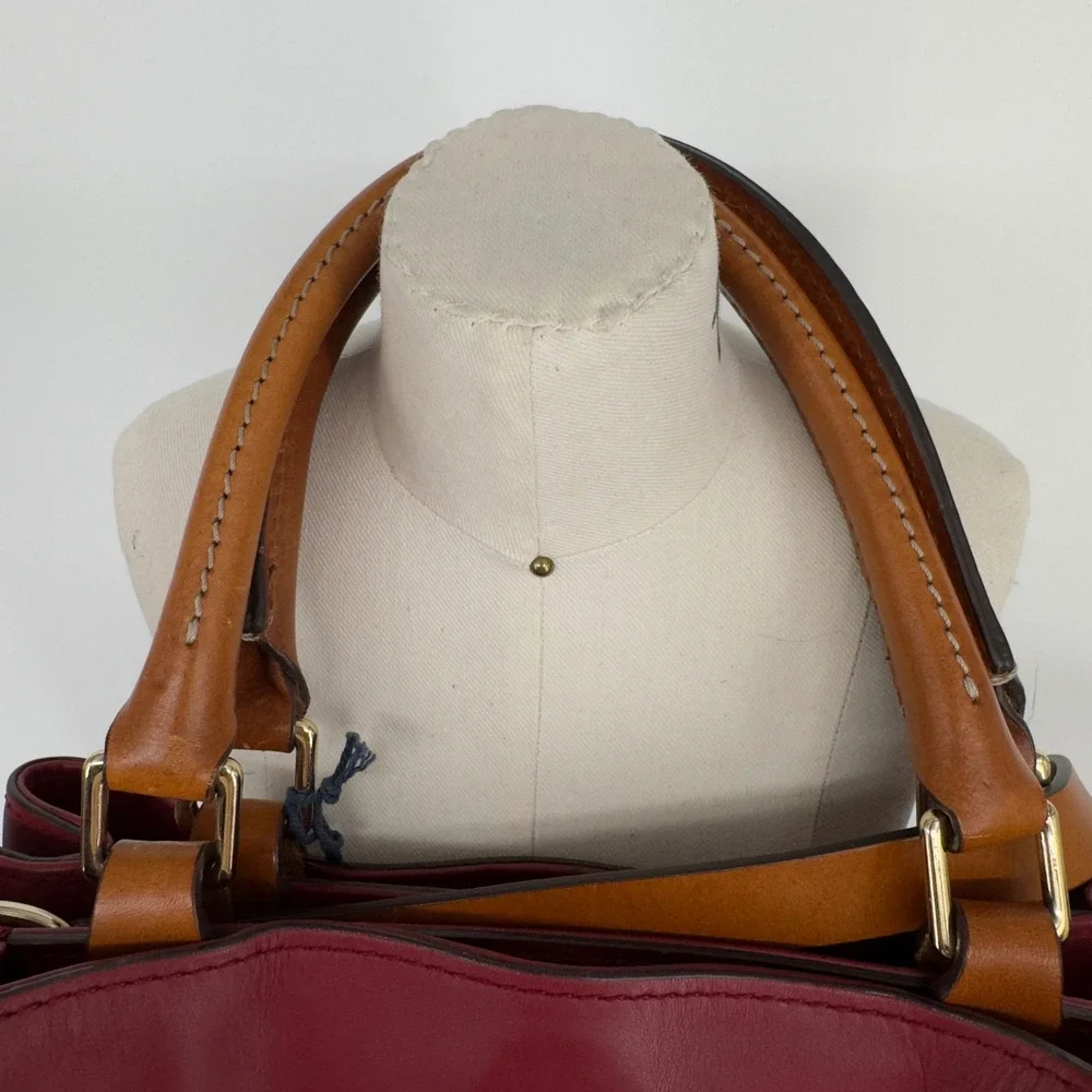 Dooney & Bourke Large Barlow Wine Leather Satchel Bag LJ039 WN Red Tan Trim
